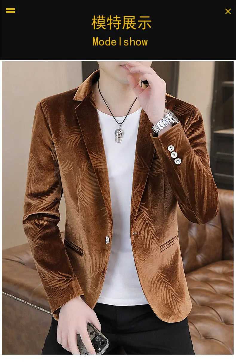Blazer Men's Fashion Business Gentleman Groom Professional Gentleman Casual Velvet Bamboo Leaf Flower Dress High-end Blazer
