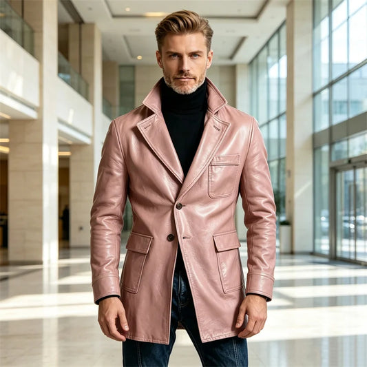  Men's Faux Leather Blazer Mid Length Casual Slim Jacket Fit Formal Business Daily Windproof Coat Travel Vintage Overcoat