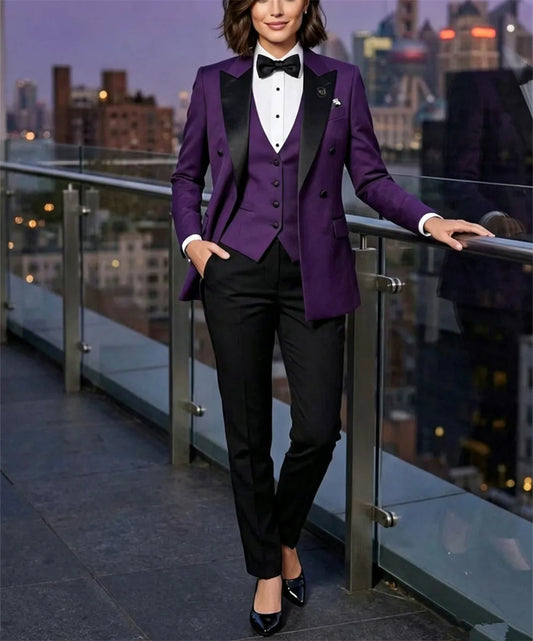 Women's Purple & Black Bridesmaid Tuxedo Three Piece Handmade Suits Wedding Outfits Women's Suits (Blazer+Vest+Pants)