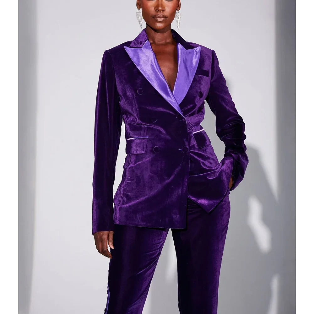 Purple Velvet Double Breasted Peaked Lapel Woman Suits 2 Pieces Blazer+Pants Set Formal Party Sets Office Lady Daily Sets