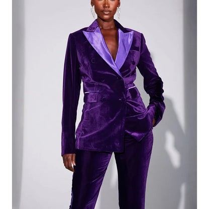 Purple Velvet Double Breasted Peaked Lapel Woman Suits 2 Pieces Blazer+Pants Set Formal Party Sets Office Lady Daily Sets