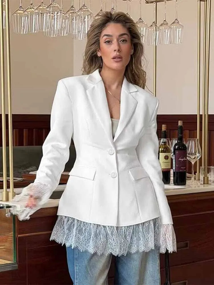 Woman Early Spring Fashion Long Sleeves Single Breasted Lace Patchwork Decoration Blazer Female Casual Slim Commuting Coat