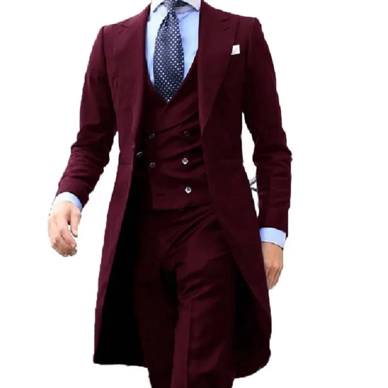 Long Coat Designs Burgundy Men Suit Gentle Mens Tuxedo Prom Blazer Custom 3 Pieces (Jacket+vest+Pants)