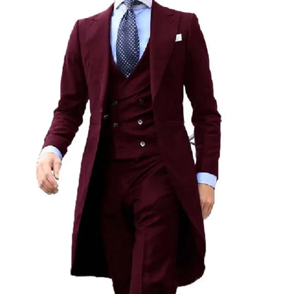 Long Coat Designs Burgundy Men Suit Gentle Mens Tuxedo Prom Blazer Custom 3 Pieces (Jacket+vest+Pants)