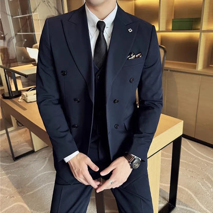 Men's Double Breasted Suit Set – Slim Fit Blazer, Vest & Pants for Wedding & Business