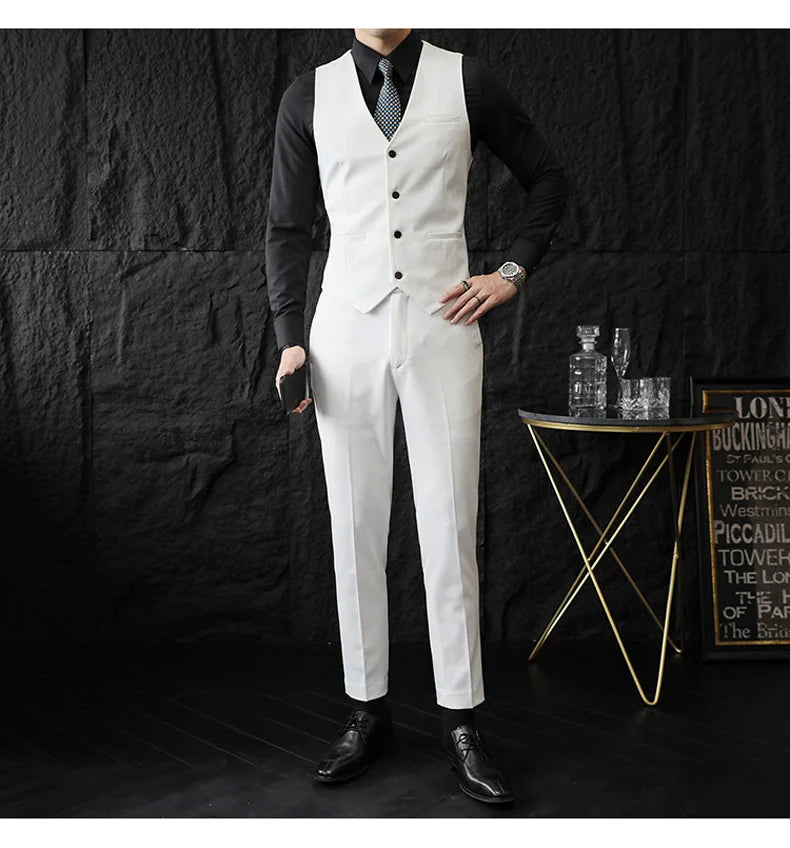 2025 Men's Wedding Suit Vest Trousers Set Fashionable Handsome Solid Color Groom's Three-Piece Outfit Available in Sizes M-7XL