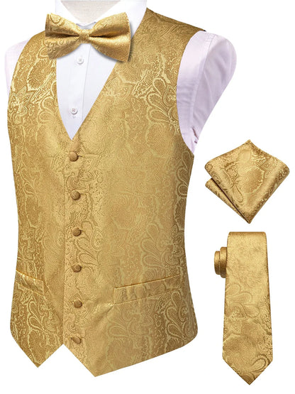 Men's Luxury Pink Jacquard Floral Vest Set – Formal Wedding & Prom Waistcoat with Tie, Bowtie & Pocket Square