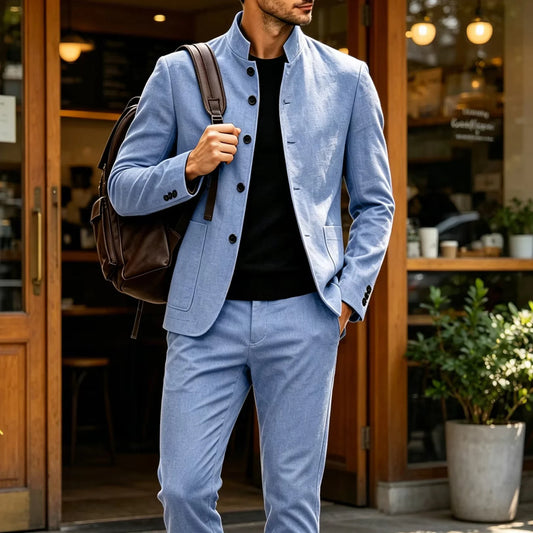 Men's Linen Suit 2-Piece Stand Collar Blazer and Pants Set – Slim Fit Business Casual Wedding Outfit