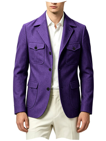 Men's Wool Blazer Notched Lapel Slim Fit 3 Buttons Suit Jacket Multi Pockets Casual Business Autumn Winter Dress Coat Daily Wear