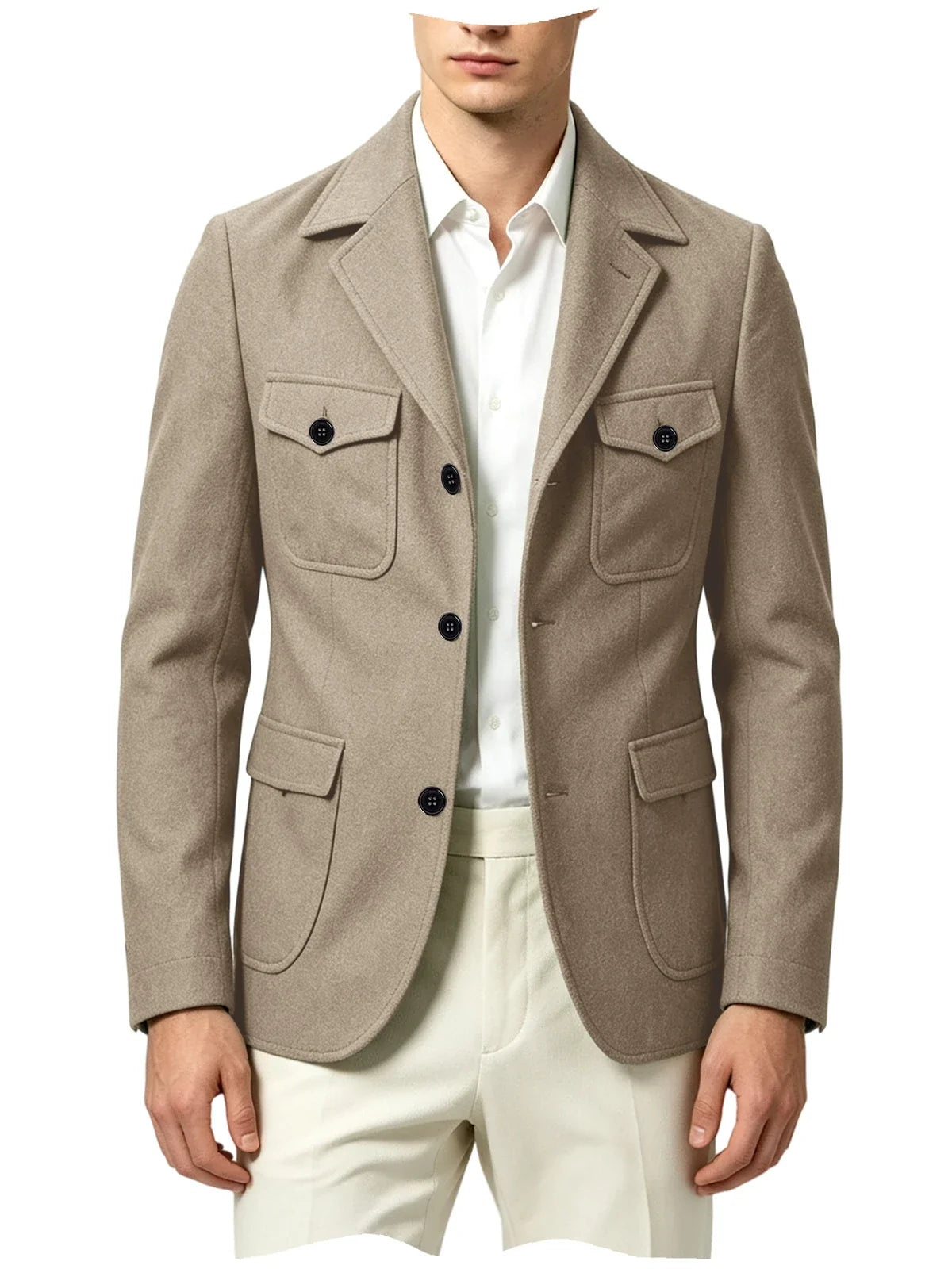 Men's Wool Blazer Notched Lapel Slim Fit 3 Buttons Suit Jacket Multi Pockets Casual Business Autumn Winter Dress Coat Daily Wear
