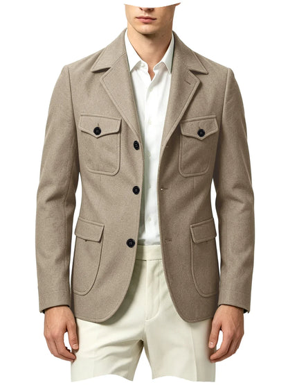 Men's Wool Blazer Notched Lapel Slim Fit 3 Buttons Suit Jacket Multi Pockets Casual Business Autumn Winter Dress Coat Daily Wear