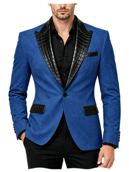 Men's Suede Slim Fit Blazer Jacket Crocodile Pattern Lapel Design Suit Coat Formal Business Prom Wedding Party Tuxedo Outerwear