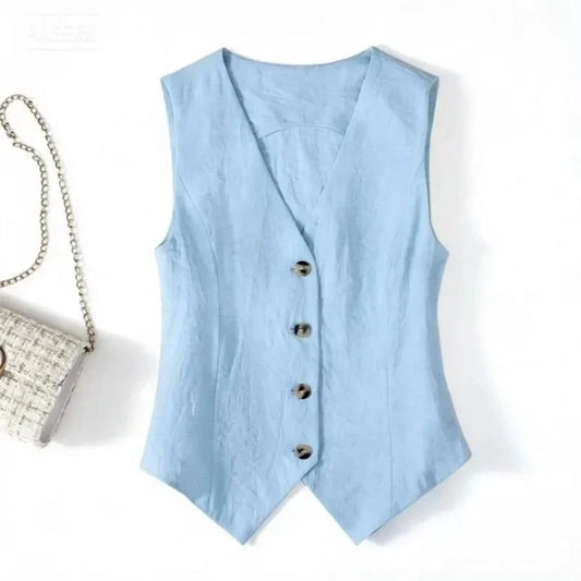 V-Neck Cotton Linen Vest Women Waistcoat Spring Summer Casual Thin Sleeveless Short Jacket Korean Button Silm Women's Vests Coat
