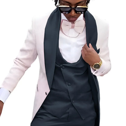 Fashion Men's Suit 3 piece Suit White Jacket Khaki Vest Pants Wedding Tuxedo Groom Tailored Suit Blazer for Men Slim Fit Outfit