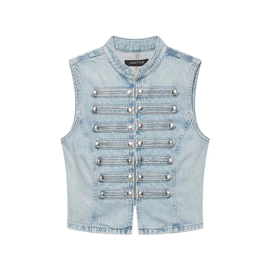 2026 Y2K Vintage Washed Denim Vest Women Stand Collar Multi Metal Button Sleeveless Cropped Waistcoat Streetwear Outerwear
