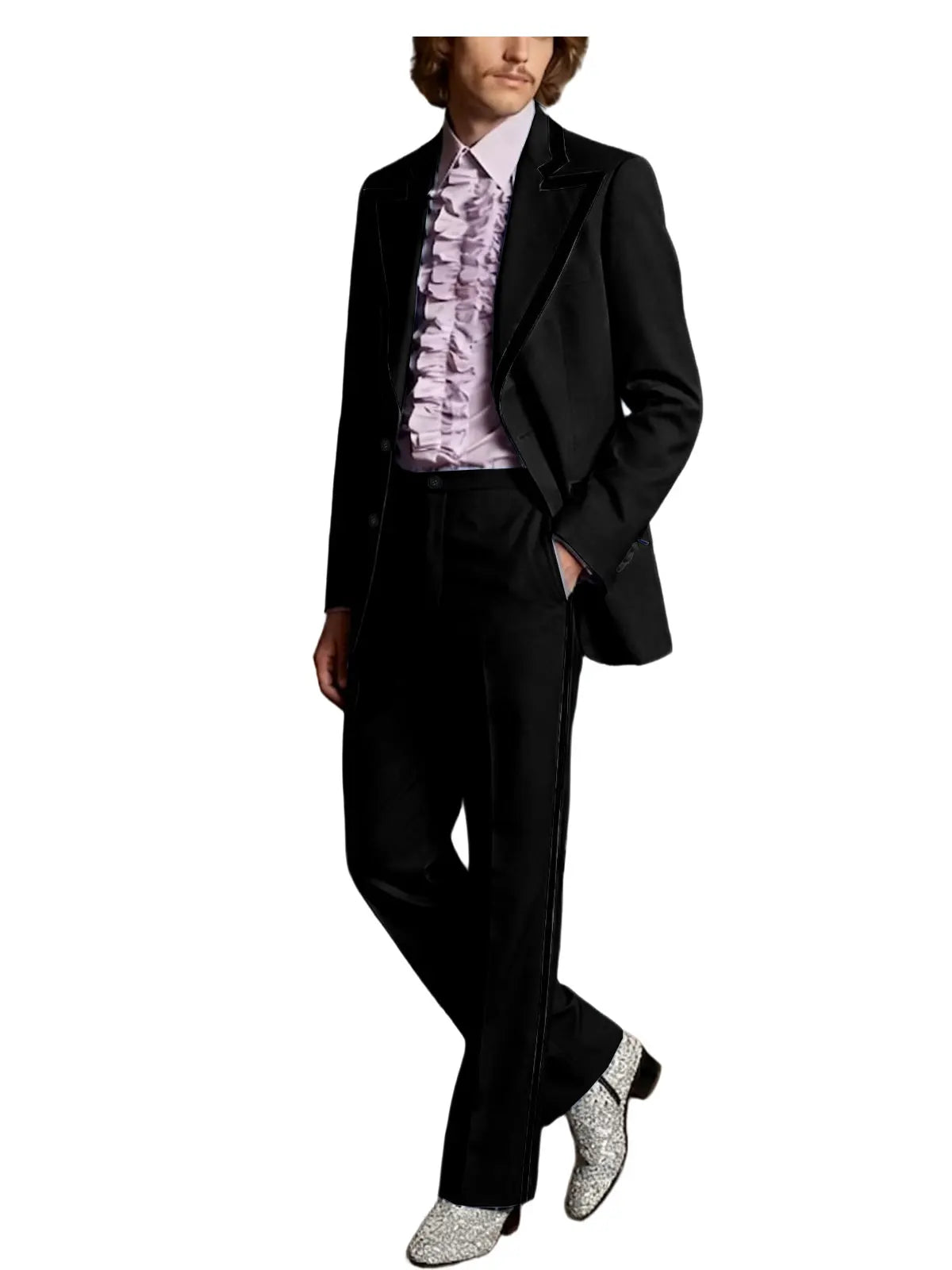 Men's Tuxedo Suit 2-Piece Slim Fit Blazer and Pants Set with Black Velvet Trim for Weddings and Formal Events