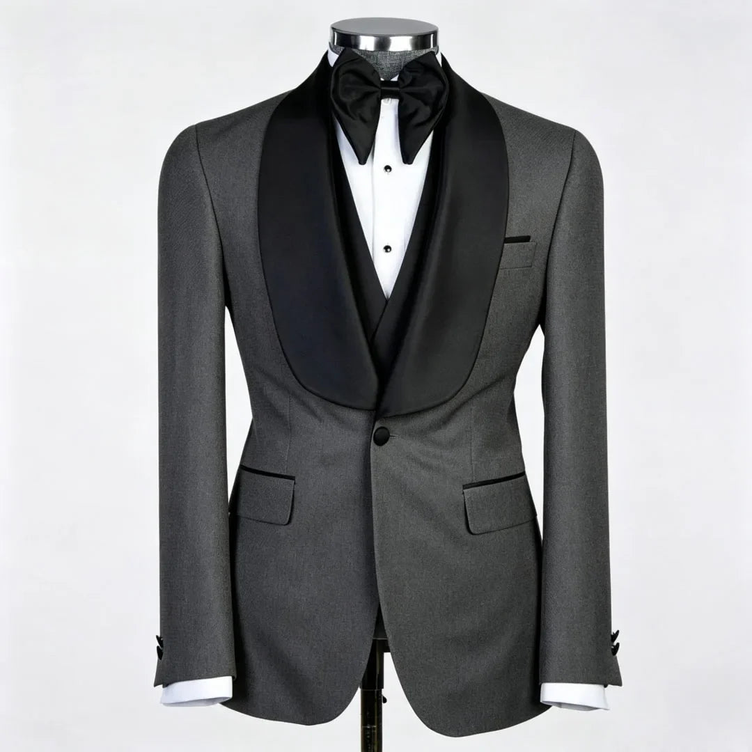 Men Suit Champagne 3 Piece With Black Lapel For Wedding Groom Banquet Party Birthday Prom Business Work Office Jacket Vest Pants