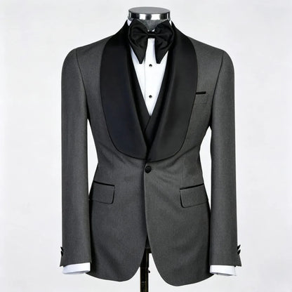Men Suit Champagne 3 Piece With Black Lapel For Wedding Groom Banquet Party Birthday Prom Business Work Office Jacket Vest Pants