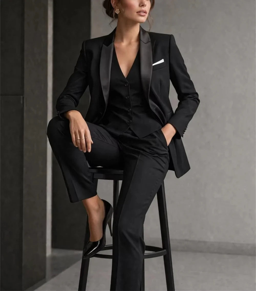 Luxury Women's Black 3-Piece Suit Elegant Suit with Satin Collar Wedding Guest Formal Suit Business Wear Jacket+Vest+Pant