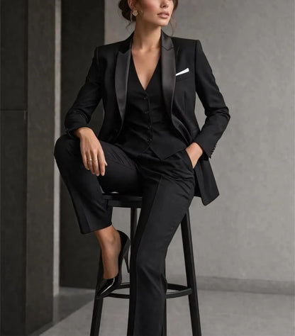 Luxury Women's Black 3-Piece Suit Elegant Suit with Satin Collar Wedding Guest Formal Suit Business Wear Jacket+Vest+Pant