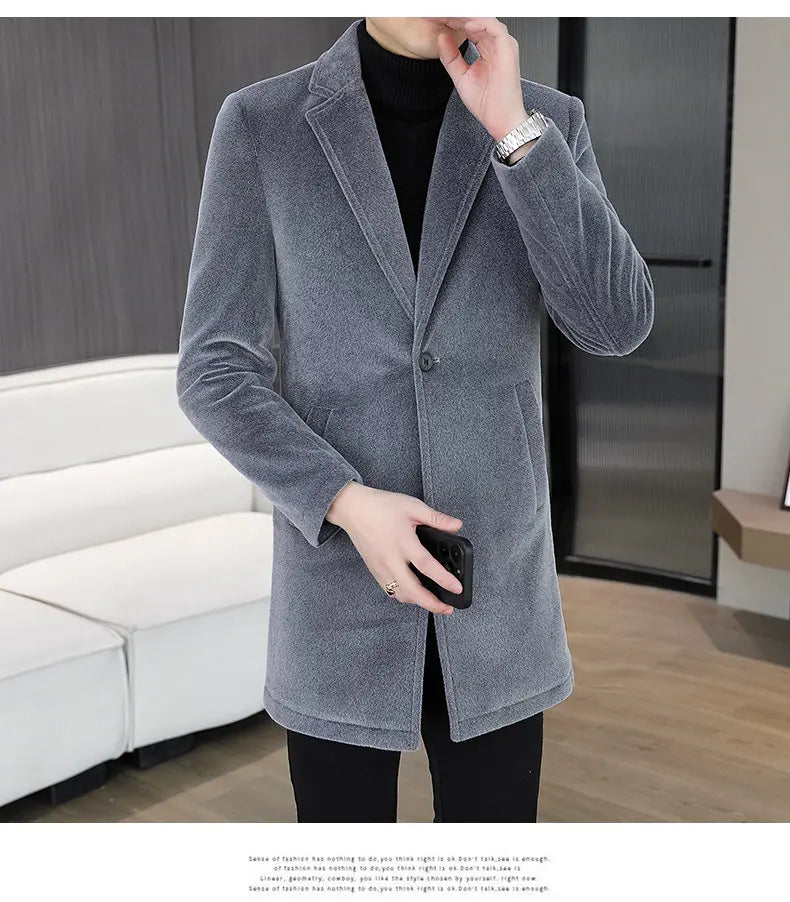 High-quality winter new style mid-length solid color men's fashionable and cool golden mink woolen trench coat with cotton