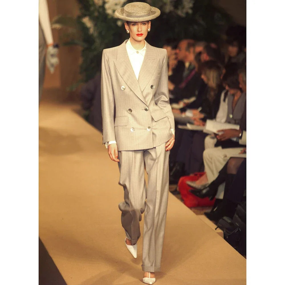 Vintage Women's Suits 2Piece Striped Blazer&Pants Sets Retro Formal Office Wear Classic Double-Breasted Jacket and Wide Trousers