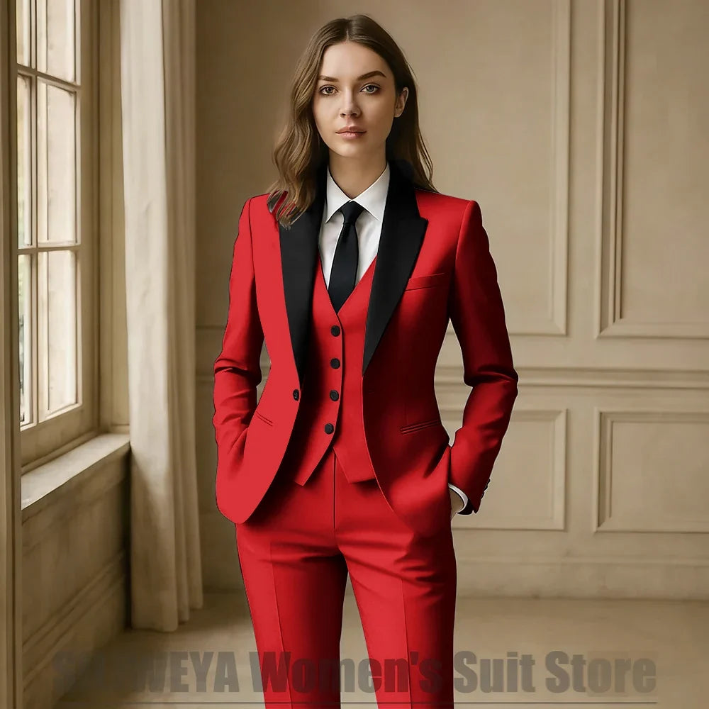 Women Royal Blue 3 Piece Tuxedo Suit Blazer Vest Pants with Black Lapel Slim Fit Formal Party Business Office Outfit