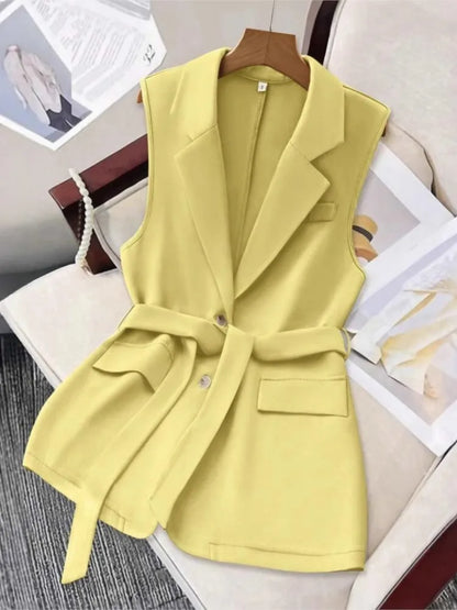 Fashion Sleeveless Slim Suit Collar Women Vest Spring Autumn New Single Breasted Elegant Lace Up Female Versatile Vest Tops 2025