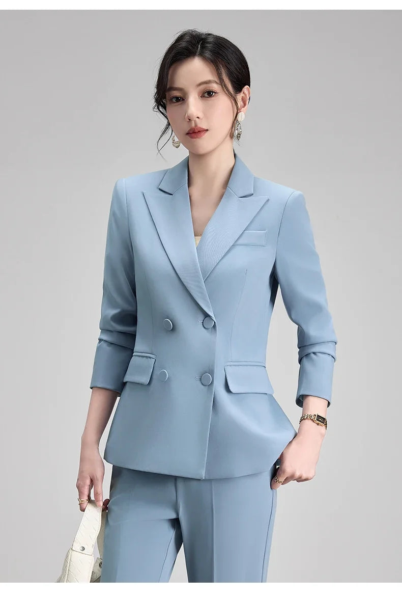 Elegant Chic Business Formal Blazer Suit Pants 2 Piece Matching Sets Women 2026 Autumn Office Lady Outfit Blue Work Wear