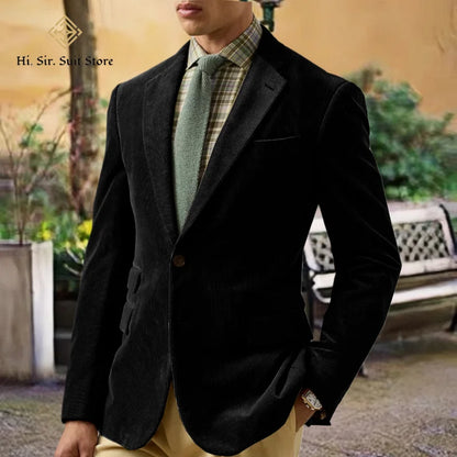 Spring/Autumn New Corduroy Suit Retro Casual Notched Lapel Jacket Single-Breasted Men's Solid Colour Suit Western Sport Coats