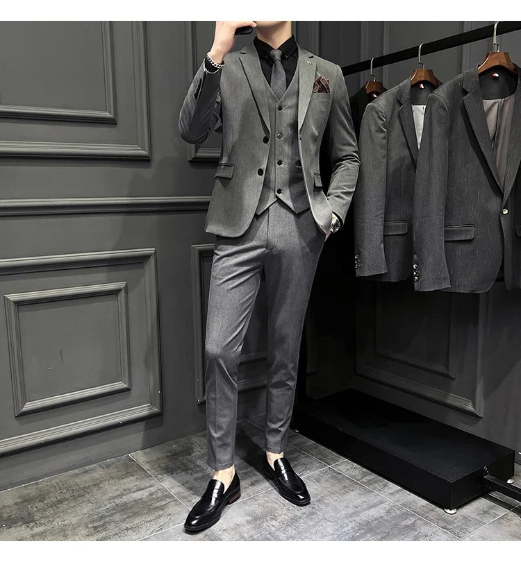 Men's Slim Fit 3-Piece Suit – Solid Color, Smart Casual & Wedding