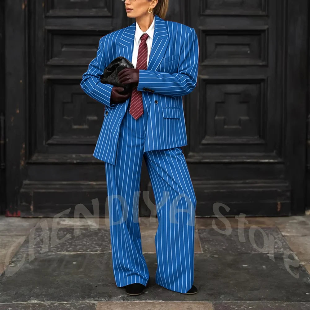 Burgundy Striped Casual Women Suit Two Pieces Jacket Pants Loose Fit Peak Lapel Blazer Set Evening Party Prom Lady Outfit