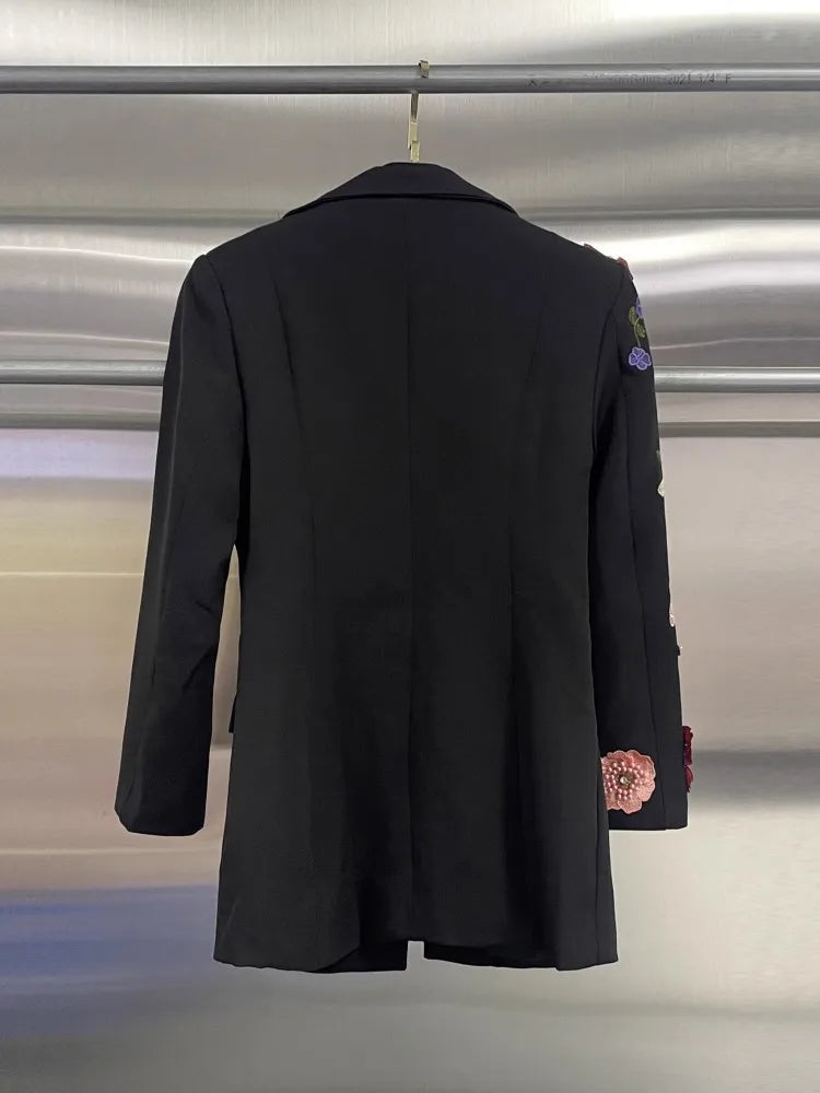 Elegant Women New Autumn Embroidery Floral Blazer Jacket Loose Fit Single Button Work Suit Coat Outwear Fashion Office Ladies