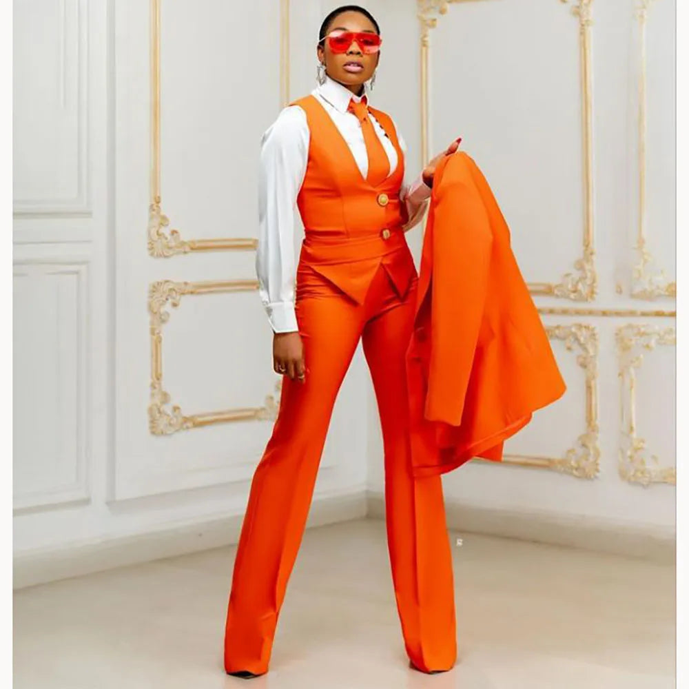 Orange Women's Suits Customized Plus Size Formal Single-breasted Peaked Lapel Three Pieces (Jacket+Pants+Vest) Office Lady Set
