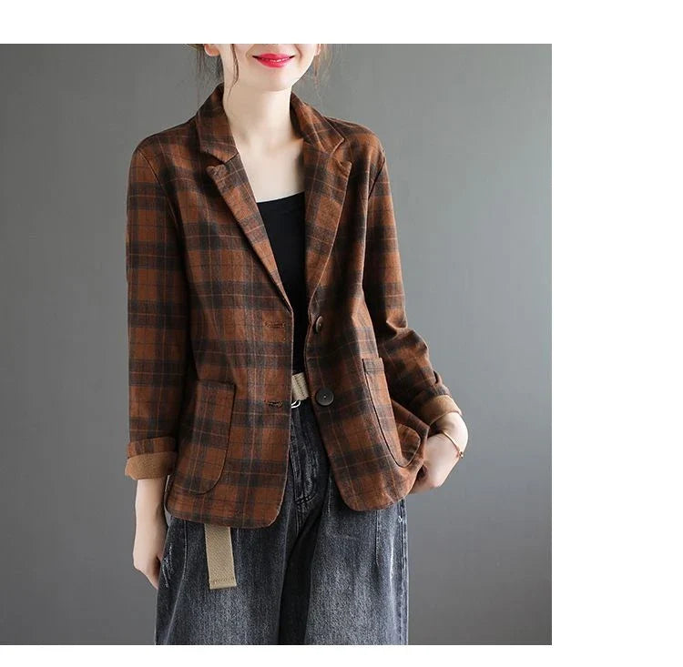 Fashion Chic Cotton Plaid Blazer Female Spring and Autumn New Literary Retro Elegant Commuter Small Incense Wind Jacket Women