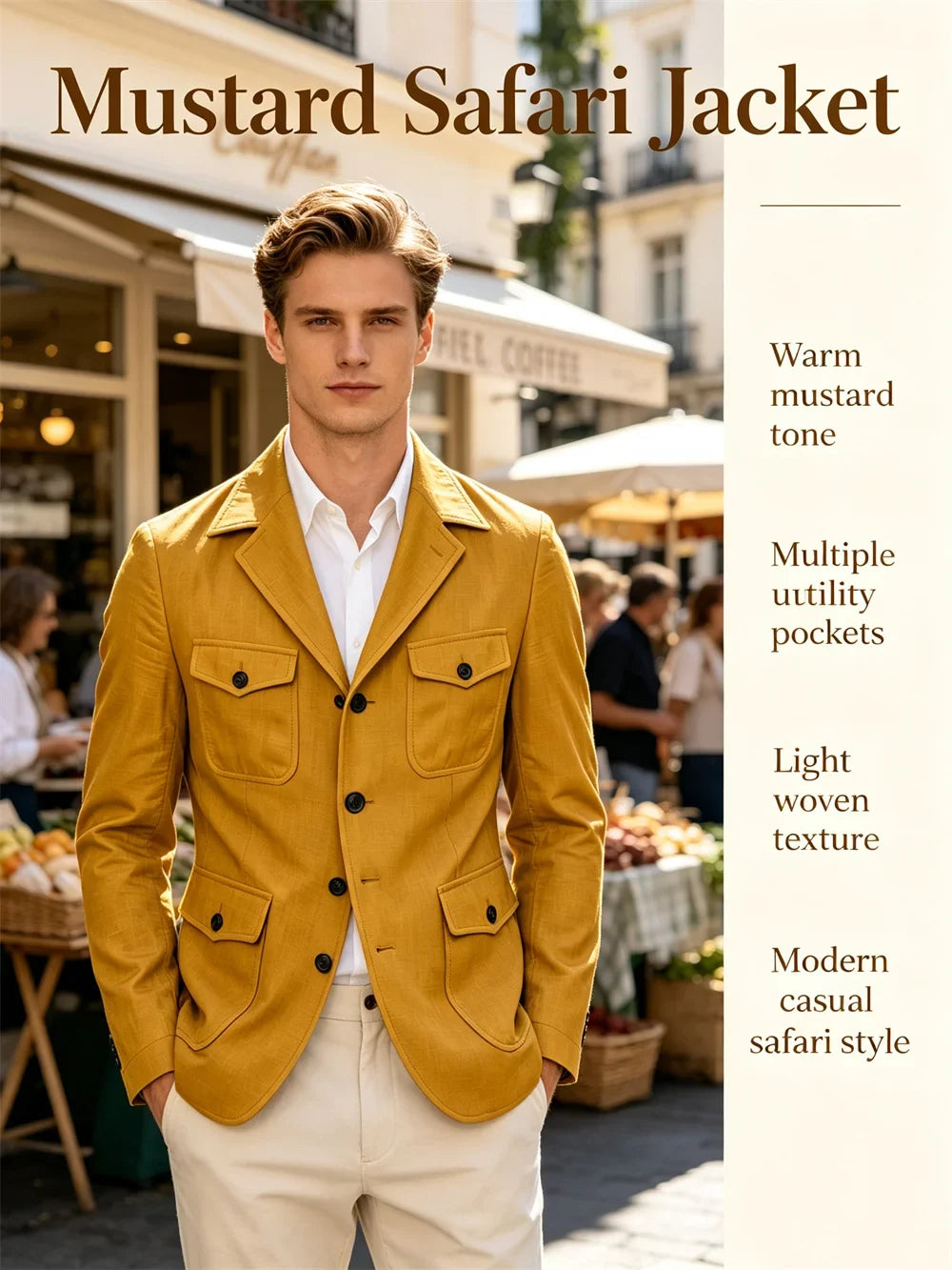 Men's Linen Safari Blazer Four Flap Pockets Slim Soft Jacket Casual Business Coat For Street Outdoor Vacation Party Daily Travel