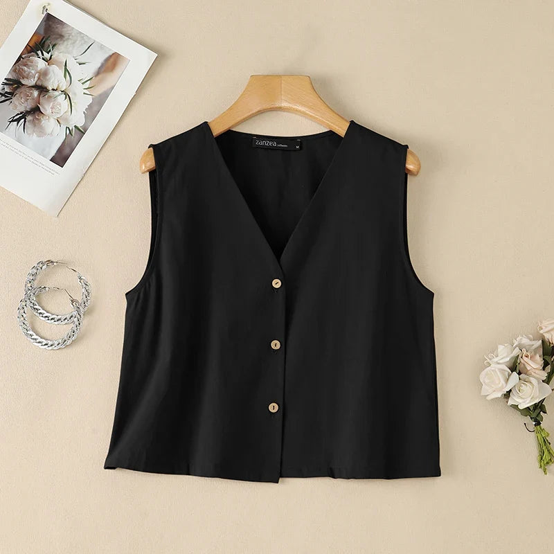 Woman Breathable Cotton Linen Solid Color Tank Tops Summer V-Neck Button Up Sleeveless Tops ZANZEA Daily Casual Vacation Tanks