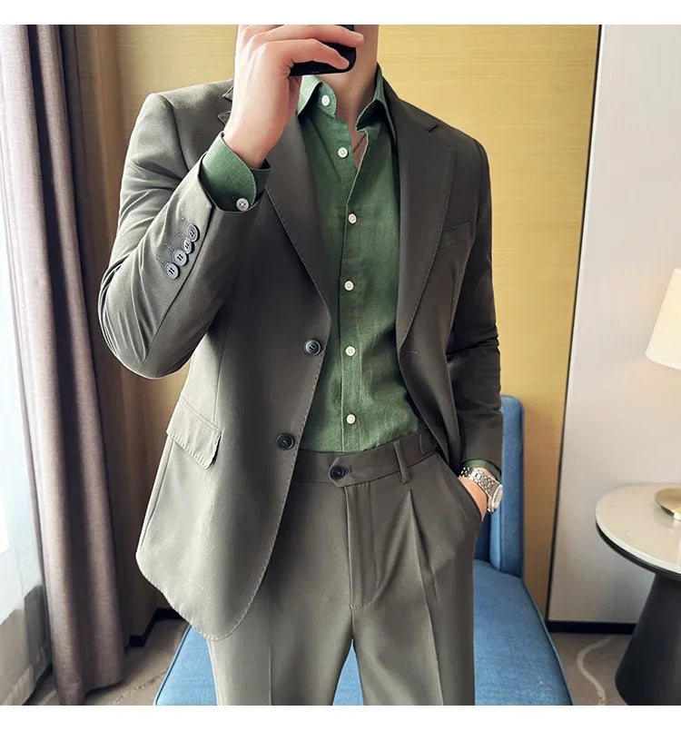 Tencel High Tech Fabric Men Spring Summer Thin Suits 2 Pieces (jacket+pants) Business Casual Office Wedding Groom Dress Suit