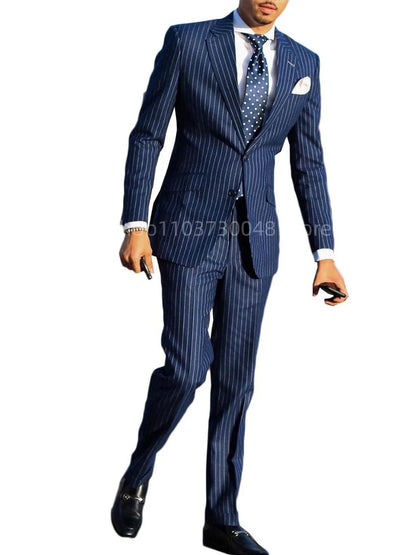 Navy Blue Striped Men Suits Slim Fit Notch Lapel Single Breasted Blazer Pants Set Wedding Groom Tuxedos 2 Piece Business Suits