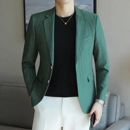 2026 Classic Striped Versatile Suit Jacket Men's Korean Fashion Casual Business Blazers Office Wedding Party Host Formal Jackets