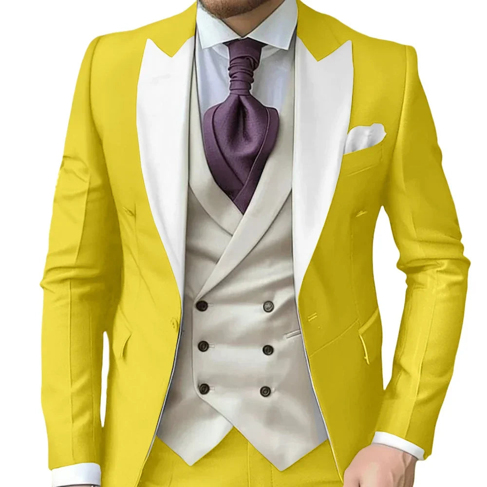 Fashionable Contrast Color Men's Suits 3 Pieces Jacket Vest Pants Dancing Sets Handsome Peak  Lapel Suit Set For Men Party Wear