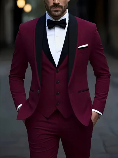 White Slit Mens Suits 3 Piece Black Shawl Lapel Casual Groom Tuxedos for Wedding Groomsmen Suits Men 2025 (Blazer+Vest+Pant)