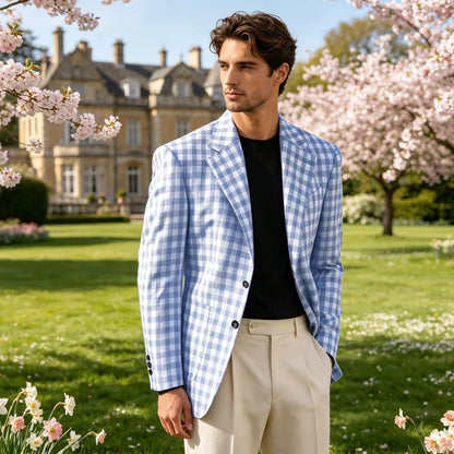 Men's Checkered Cotton Blazer Notched Lapel Single-Breasted Casual Business Summer Sport Coat with Patch Pockets