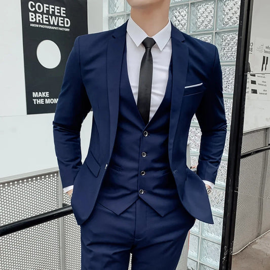 Latest Navy Blue Notched Lapel Men's Blazer Luxurious Business Office Male Suit One Button Slim Fit High Quality Wedding Costume