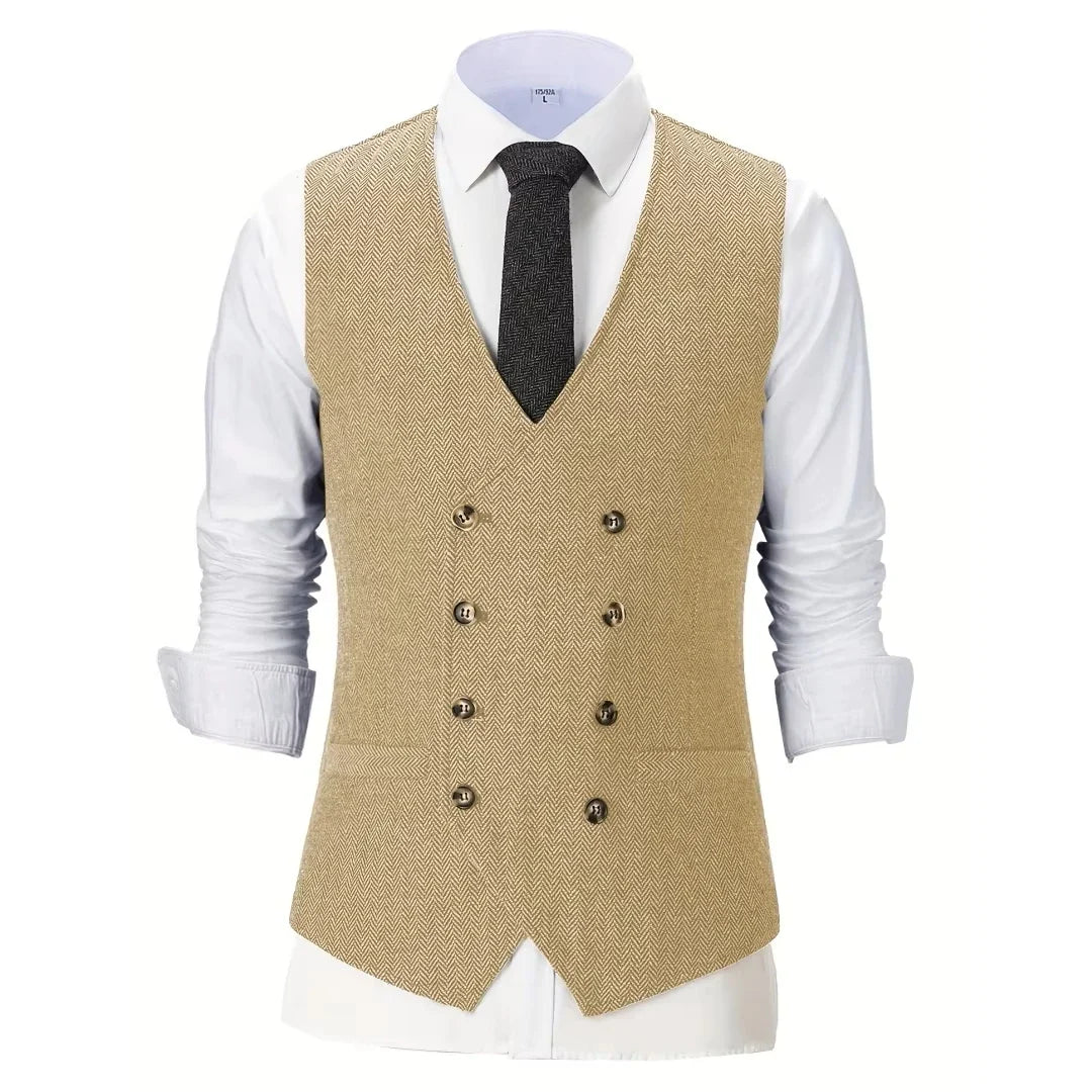 Men Vest Champagne Herringbone Double Breasted V-Neck Waistcoat for Wedding & Business