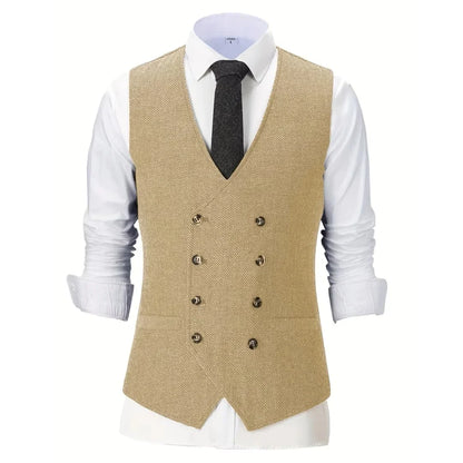Men Vest Champagne Herringbone Double Breasted V-Neck Waistcoat for Wedding & Business