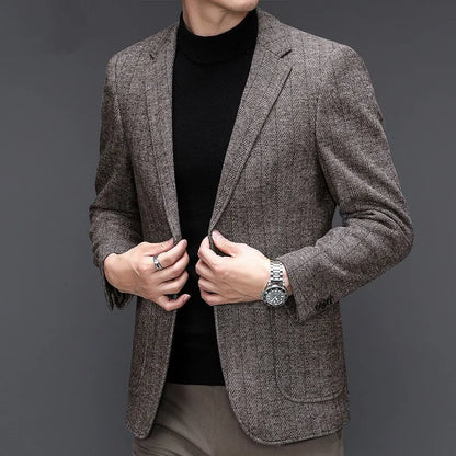 KIDWHXR Man Suit Coat Non-ironing Striped Turn Down Collar Male Outerwear Slim Long Sleeve Pocket Business Casual Men Blazer