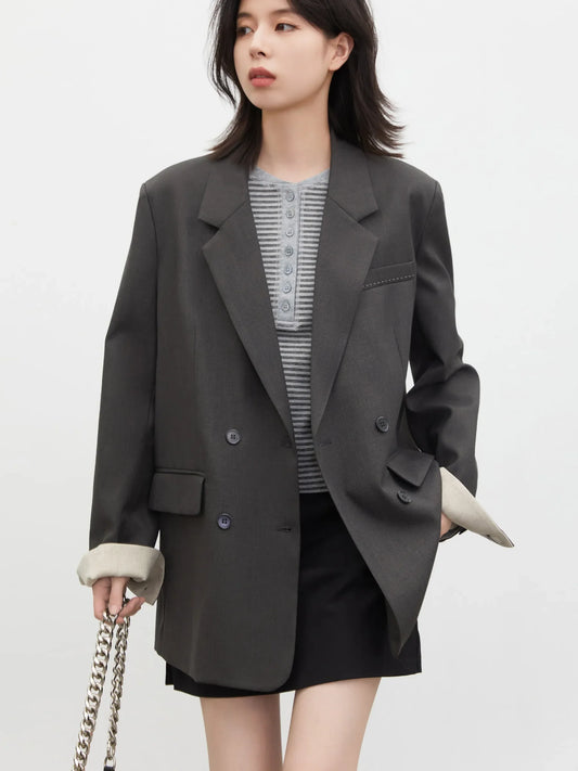 New Women Blazers Loose Casual Retro Double Breasted Female Suit Jacket Plus Size Spring Autumn 2026 Outerwear