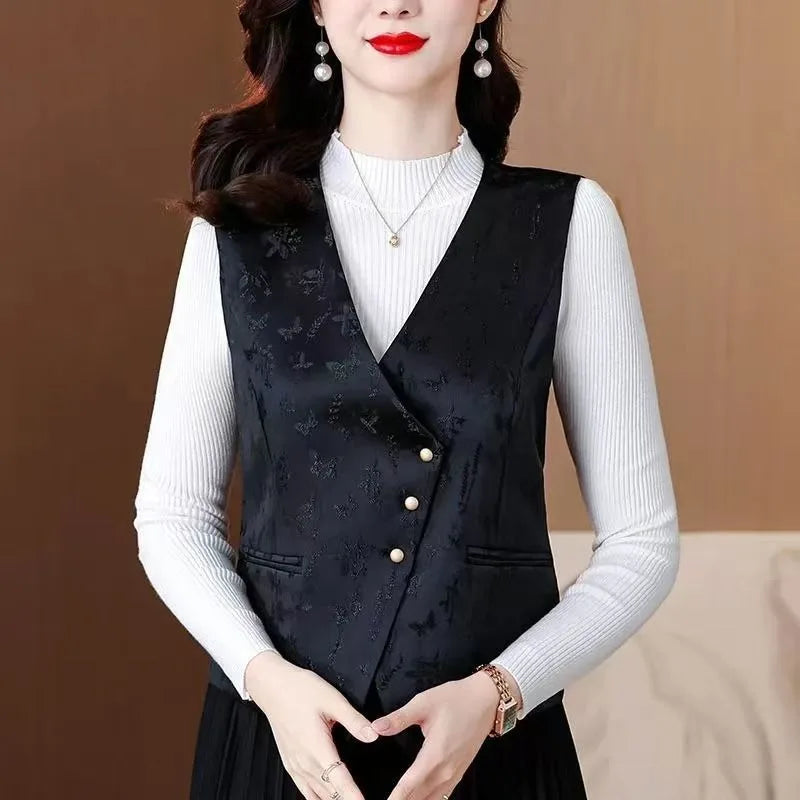 Middle-aged Mother New Chinese Style Black Vests 2026 New Spring Autumn Casual Sleeveless Waistcoat Women Retro Blazers Vest