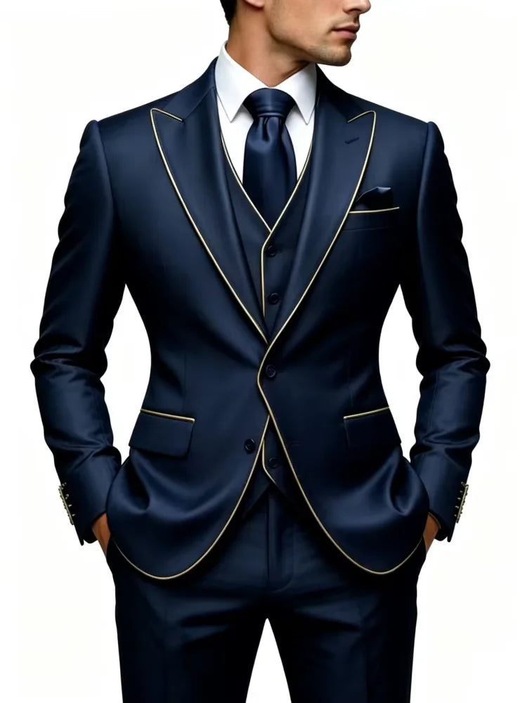 Navy Blue Men 3 Piece Suit With Gold Piping Peak Lapel Blazer Vest Pants Groom Wedding Prom Business High Quality Customized